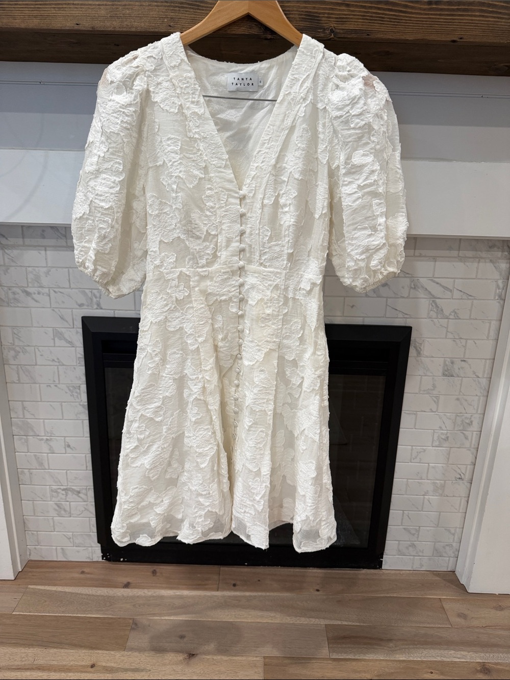 Tanya Taylor White Floral Jacquard lace Puff-Sleeve Mini Dress